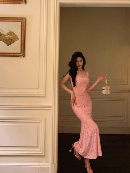 Elegant Mermaid Square Pink Lace 21st Birthday Dress Party Gown Birthday Outfits Birthday Dress Ideas For Women DP1445