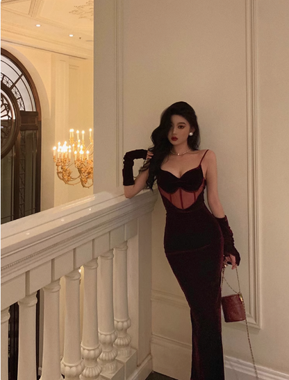 Elegant Mermaid Spaghetti Straps Burgundy Velvet 21st Birthday Dress Party Gown Birthday Outfits Birthday Dress Ideas For Women DP1454