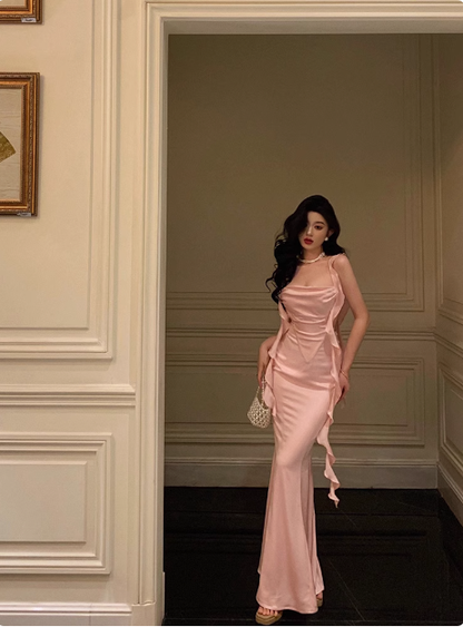 Elegant Mermaid Spaghetti Straps Pink Satin 21st Birthday Dress Party Gown Birthday Outfits Birthday Dress Ideas For Women DP1455