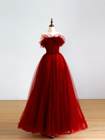 Elegant Glamour Ball Gown Off The Shoulder Short Sleeves Burgundy Tulle Prom Dress Party Dress Evening Dresses DP1508