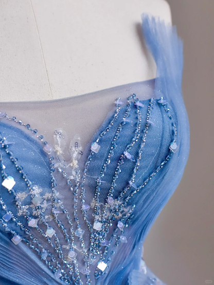 Elegant Glamour A line Strapless Blue Tulle Long Prom Dresses Party Dress Evening Dress DP1529