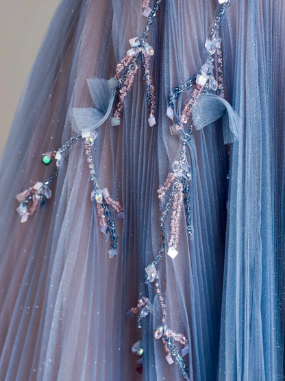 Elegant Glamour Ball Gown Strapless Blue Tulle Long Prom Dresses Party Dress Evening Dress DP1576