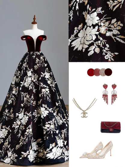 Elegant Glamour Ball Gown Off The Shoulder Burgundy Satin Prom Dress Party Dress Long Evening Dresses DP1535