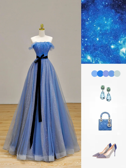 Elegant Glamour Ball Gown Strapless Blue Tulle Prom Dress Party Dress Long Evening Dresses DP1544