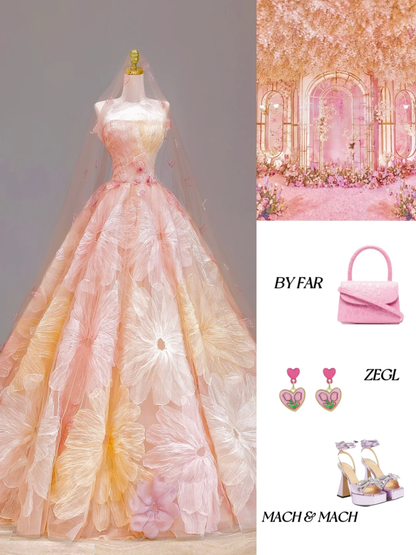 Elegant Glamour Ball Gown Strapless Tulle Pink Floral 21st Birthday Dresses Evening Gown Birthday Outfits Evening Dress For Women DP1589