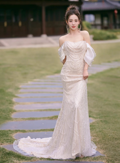 Classic Bridal Gown Mermaid Off The Shoulder Sequin White Wedding Dresses Minimalist Bridal Gowns DP1660