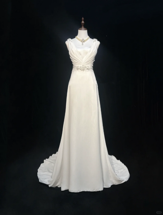 Classic Bridal Gown A line V Neck Chiffon Beads White Wedding Dresses Minimalist Bridal Gowns DP1687