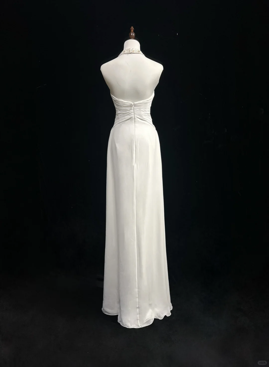 Classic Bridal Gown A line Halter Chiffon White Wedding Dresses Minimalist Bridal Gowns DP1696