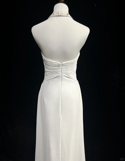 Classic Bridal Gown A line Halter Chiffon White Wedding Dresses Minimalist Bridal Gowns DP1696