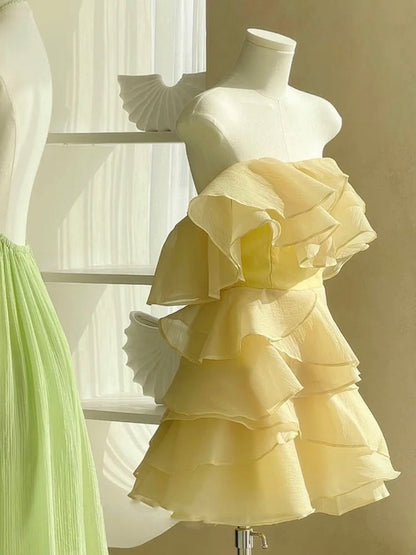 Cute A line Strapless Chiffon Short Summer Birthday Dress Hoco Dress Mini Birthday Outfit 23rd Birthday Party Dresses DP1731
