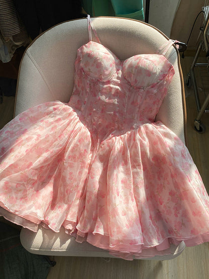 Cute Ball Gown Spaghetti Straps Floral Short Summer Birthday Dress Hoco Dress Mini Birthday Outfit 23rd Birthday Party Dresses DP1736