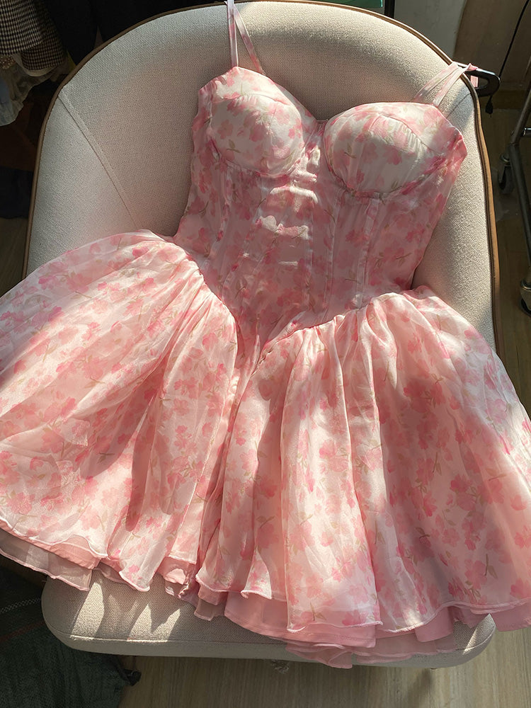 Cute Ball Gown Spaghetti Straps Floral Short Summer Birthday Dress Hoco Dress Mini Birthday Outfit 23rd Birthday Party Dresses DP1736