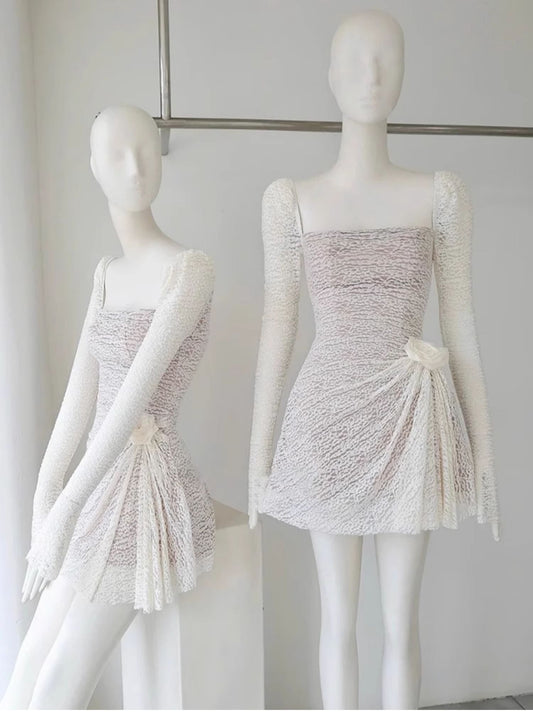Cute A line Square Lace White Summer Homecoming Dress Hoco Dress Mini 20th Birthday Outfit Cocktail Dresses DP1750
