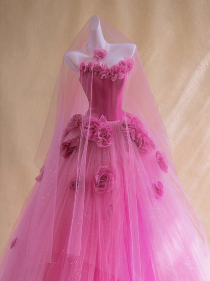 Gorgeous Ball Gown Sweetheart Hot Pink Floral Tulle Long Prom Dress Party Dress Graduation Dresses DP1973