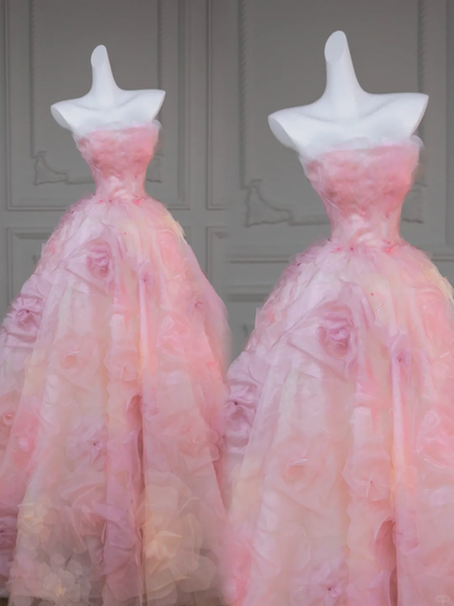 Gorgeous Ball Gown Strapless Light Pink Floral Tulle Long Prom Dress Party Dress Graduation Dresses DP1971