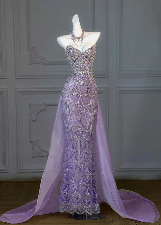 Gorgeous Mermaid Sweetheart Lilac Slit Sequin Long Prom Dress Party Dress Graduation Dresses With Cape DP1984