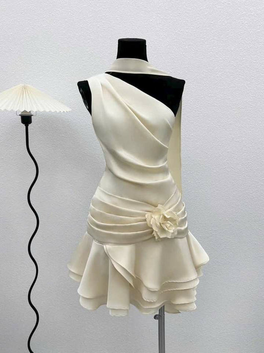 Cute A line One Shoulder Ivory Summer Homecoming Dress Hoco Dress Mini 16th Birthday Outfit Cocktail Dresses DP2089
