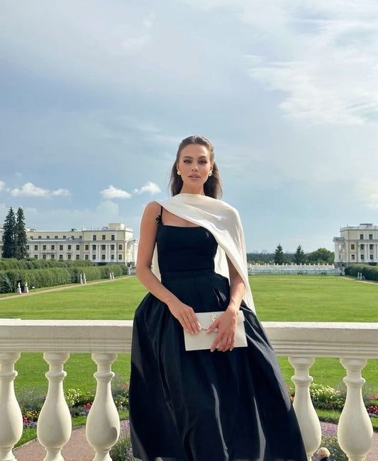 Gorgeous A line Spaghetti Straps Satin Black Evening Dress Prom Dresses Formal Summer Wedding Guest Dresses Wedding Guest Outfits DP2141