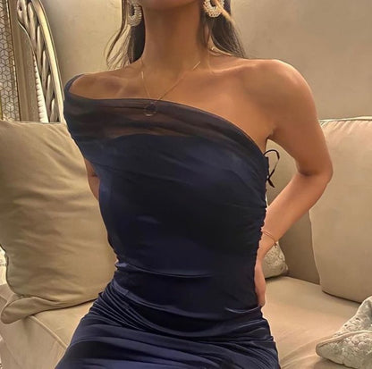 Elegant Sheath One Shoulder Navy Blue Slit Satin Prom Dresses Formal Summer Wedding Guest Dresses Wedding Guest Outfits DP2143