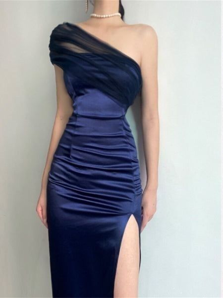 Elegant Sheath One Shoulder Navy Blue Slit Satin Prom Dresses Formal Summer Wedding Guest Dresses Wedding Guest Outfits DP2143