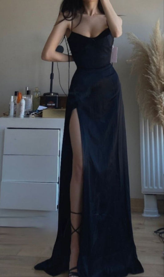 Gorgeous A line Spaghetti Straps Slit Black Evening Dress Prom Dresses Formal Summer Wedding Guest Dresses Wedding Guest Outfits DP2150