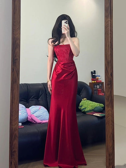 Elegant Sheath Strapless Red Satin Prom Dresses Formal Summer Wedding Guest Dresses Wedding Guest Outfits DP2156