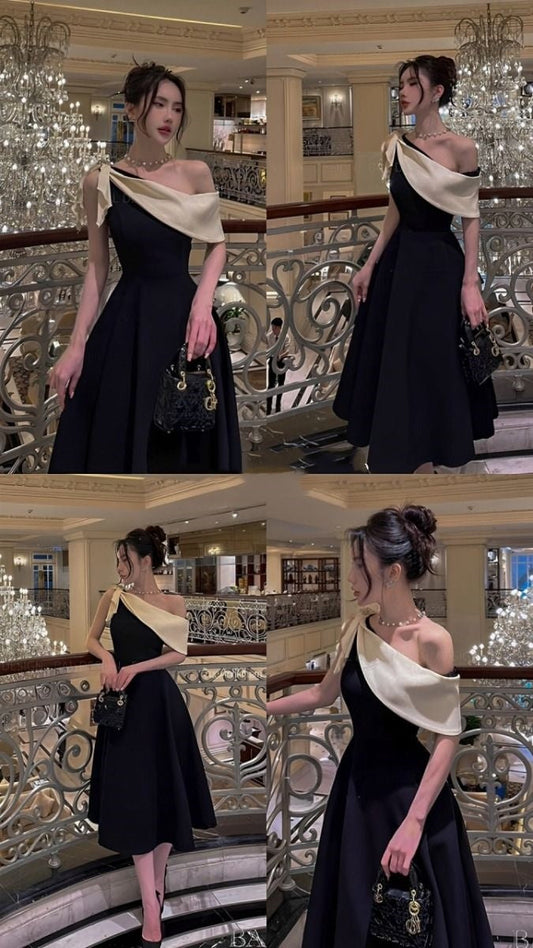 Gorgeous A line One Shoulder Black Satin Prom Dresses Formal Summer Wedding Guest Dresses Wedding Guest Outfits DP2159