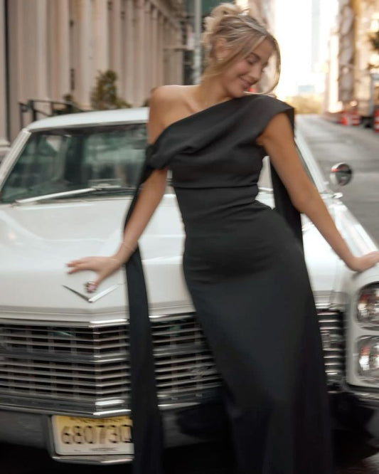 Gorgeous Sheath One Shoulder Black Satin Prom Dresses Formal Summer Wedding Guest Dresses Wedding Guest Outfits DP2161