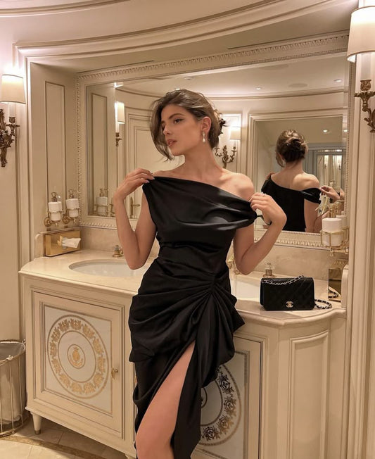 Gorgeous Sheath Off The Shoulder Black Satin Prom Dresses Formal Summer Wedding Guest Dresses Wedding Guest Outfits DP2169