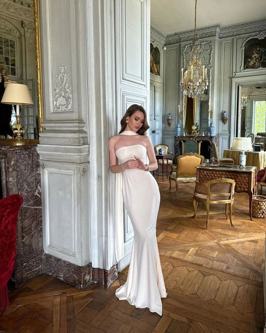 Gorgeous Sheath Strapless White Night Dinner Evening Dresses Formal Summer Wedding Guest Dresses With Scarf Wedding Guest Outfits DP2190
