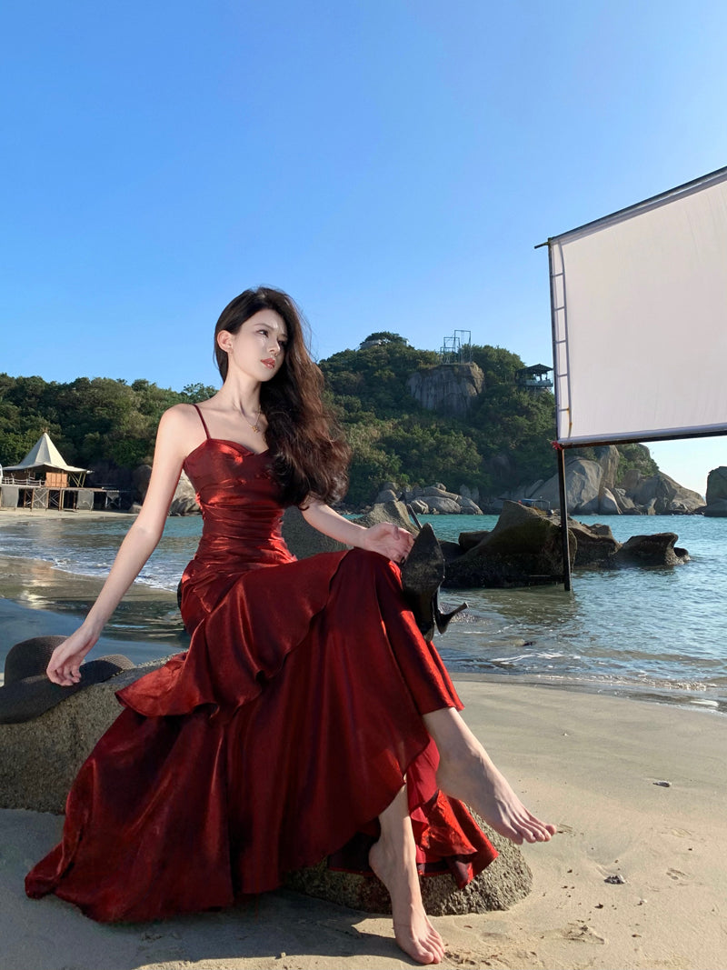 Elegant Mermaid Spaghetti Straps Sleeveless Burgundy Long Evening Dress Prom Dresses DP228