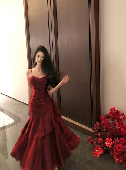 Elegant Mermaid Spaghetti Straps Sleeveless Wine Red Long Evening Dress Prom Dresses DP230