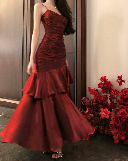 Elegant Mermaid Spaghetti Straps Sleeveless Wine Red Long Evening Dress Prom Dresses DP230