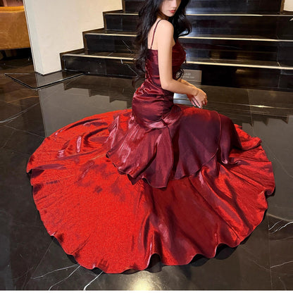 Elegant Mermaid Spaghetti Straps Sleeveless Maroon Prom Gown Long Evening Dress Prom Dresses DP232