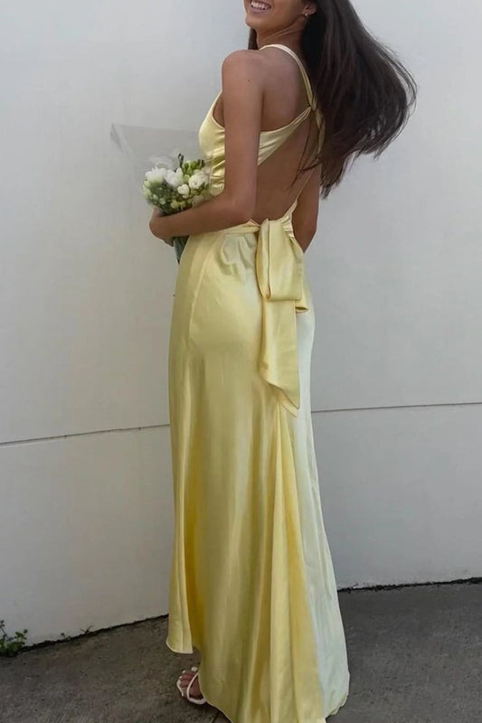 Chic Halter V-Neck Pleated Satin Sleeveless Long Party Dress Prom Dresses DP239