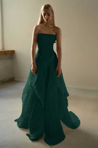 Chic Beige Pleated Strapless Contrast Color Stitching Prom Dress Long Prom Dresses DP241