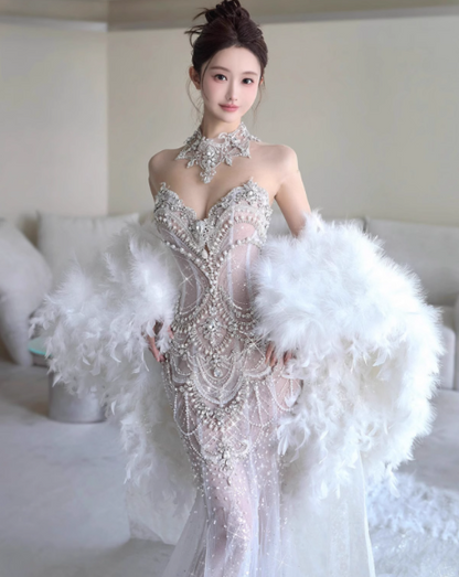 Elegant Sweetheart Neck Mermaid Wedding Dress Tulle Beading Bridal Dress Glamour Trailing Bridal Gowns DP2837