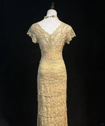 Glamour Gold Sheath V-neck Mother of the Bride Dress Lace Beaded Long Evening Gown DP2877