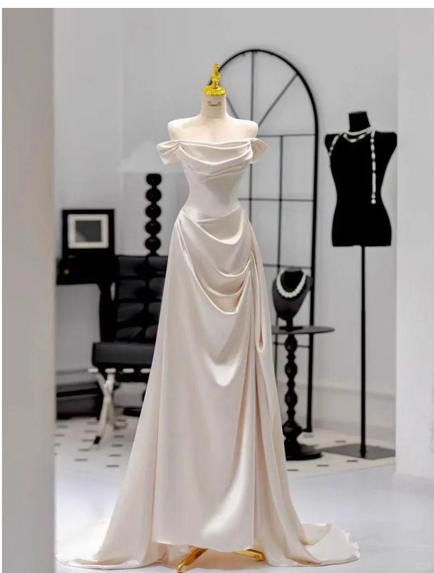 Elegant Sheath Long Prom Dress Off-the-shoulder Satin Formal Evening Dress DP2880