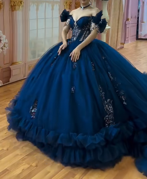 Fairy Navy Blue Off-the-Shoulder Ball Gown Tiered Gauze Appliqué Long Quinceanera Dress Saprkly Formal Gowns Sweet 16 Dress DP2883