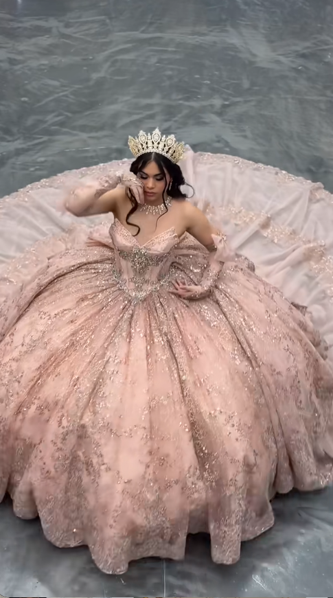 Fairy Sweetheart Pink Ball Gown Tiered Tulle Applique Long Quinceanera Dress Sparkly Sequins Formal Gowns Sweet 16 Dress DP2885