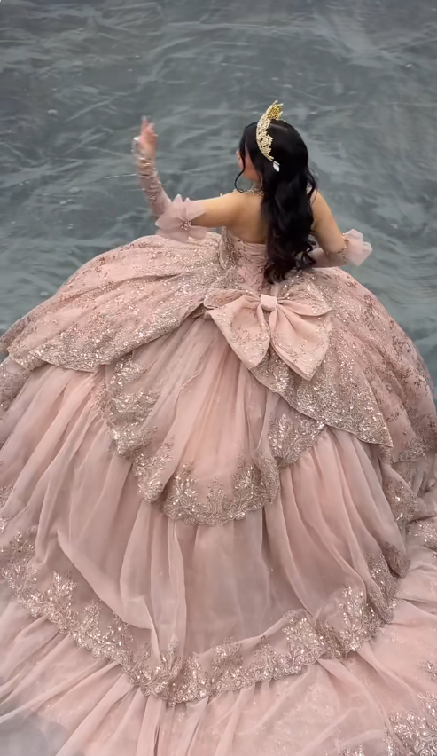 Fairy Sweetheart Pink Ball Gown Tiered Tulle Applique Long Quinceanera Dress Sparkly Sequins Formal Gowns Sweet 16 Dress DP2885