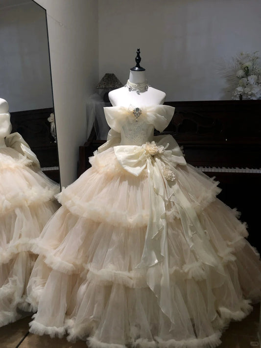 Fairy Off-the-shoulder Apricot Ball Gown Tiered Tulle Long Quinceanera Dress Formal Gowns Sweet 16 Dress DP2886