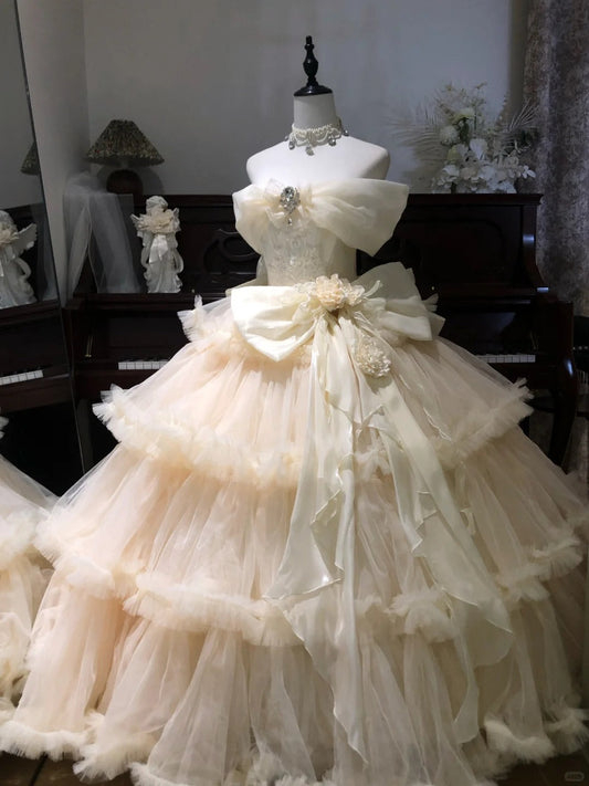 Fairy Off-the-shoulder Apricot Ball Gown Tiered Tulle Long Quinceanera Dress Formal Gowns Sweet 16 Dress DP2886