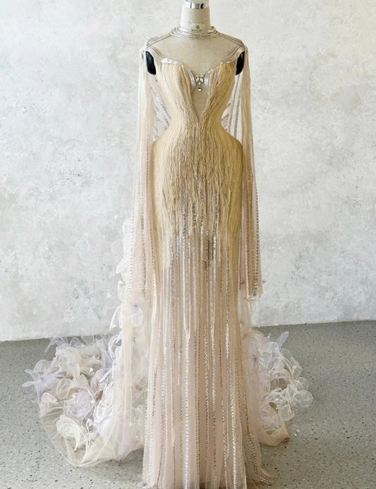 Elegant V-neck Sheath Tulle Evening Dress Sequin Champagne Formal Dress DP2931