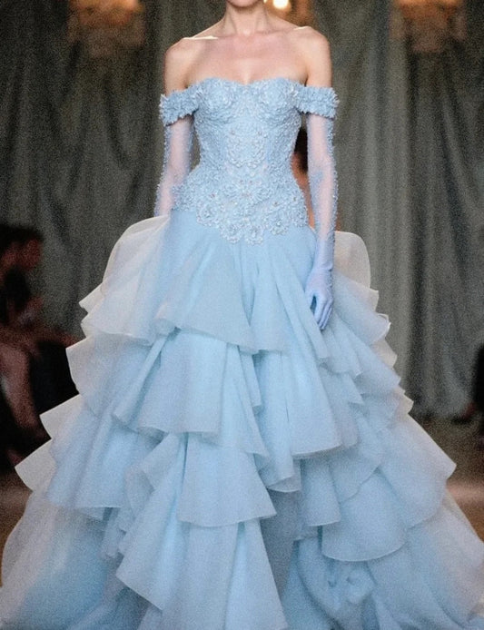 Elegant Off-the-Shoulder Tulle Ball Gown Quinceaña Dress, Blue Applique Long Prom Dresses DP2936