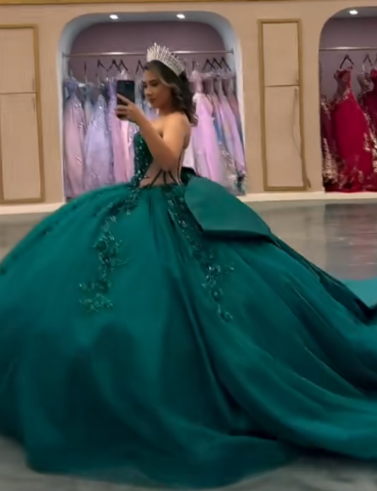 Cute Dark Green Ball Gown Strapless Quinceanera Dress Tulle Applique Sweet 16 Dress DP2947