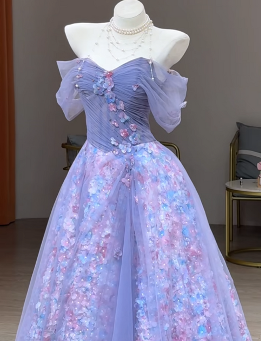 Fairy Purple Ball Gown Off-the-shoulder Tulle Long Prom Dress Applique Sweet 16 Dress DP2949