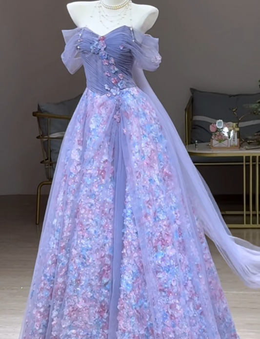 Fairy Purple Ball Gown Off-the-shoulder Tulle Long Prom Dress Applique Sweet 16 Dress DP2949