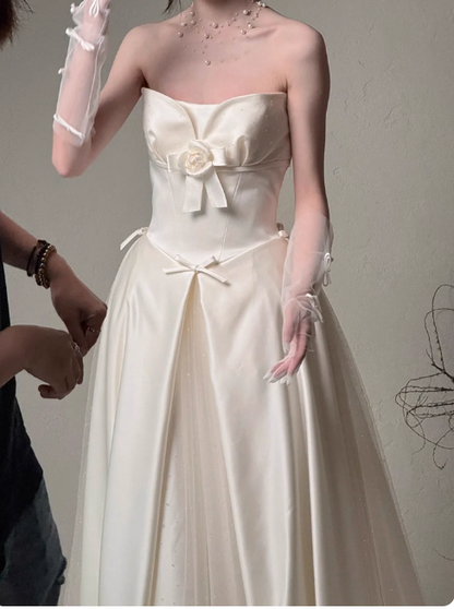 Elegant Strapless A-Line Long Luxury Wedding Dresses Tulle Satin Simple Bridal Dresses DP2978